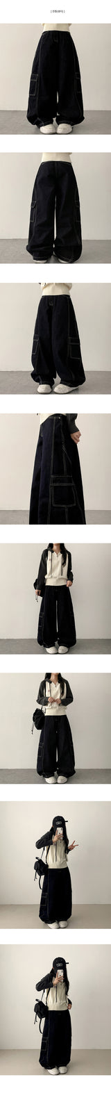 Tins Saint-Jean Stitch Side Curved Slit Cargo Denim Wide Pants