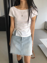 ビネンウィメンズボートネックシャードスリット半袖Tシャツ