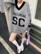 ブロックVネックボックスルーズフィットニットウェア