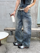 [SET UP가능] キッチスリットワイドデニムパンツ