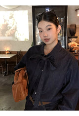 Deep blue bow tie denim shirt