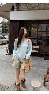 Mint off-shoulder lace long-sleeved see-through knitwear
