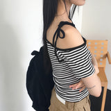 Sor アンバランスドストライプリボンワンショルダー半袖Tシャツ