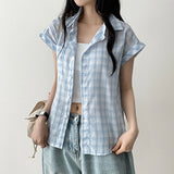 Retro Mood Sleeve Roll-Up Checkered Shirt Blouse