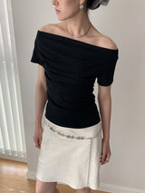 Hand shirring off-shoulder spandex short-sleeved T-shirt