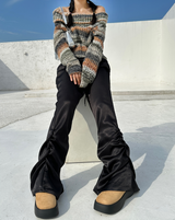 SNOWFLAKE COLOR-BLOCK BROWN OFF-SHOULDER LONG-SLEEVE KNIT