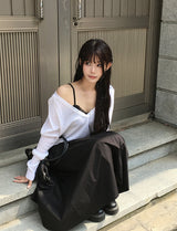 Curly Flare Cotton Banding Long Skirt