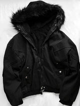 【limited price】Deep Black Semi-Crop Fur Silver Winter Jumper Jacket - Deep Black 