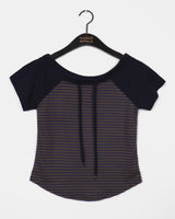 Chenler Striped Off-Shoulder Short-Sleeve T-shirt