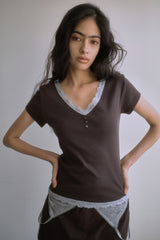 26SS★ [SET] レース トリム Vネック Tシャツ＋スカート