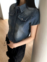 Markle Pocket Slim Washed Crop Denim Short Sleeve Shirt