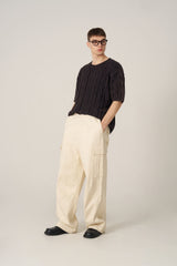 Cable Washing Short-Sleeved Knitwear - Navy