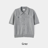 Leviron Two-Pocket Cut-out Collar Short-Sleeve Cardigan