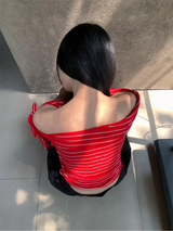 Unbalanced Color Off-Shoulder Strap Stripe Tee