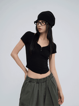 [U-BASIC] スローボタンVネック半袖Tシャツ