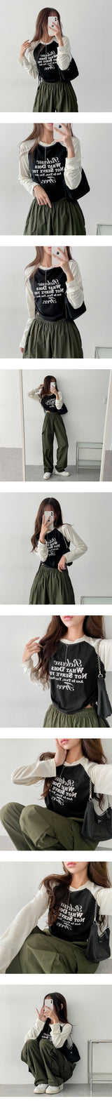 OsカラーリングラグランシャーリングストリングロングスリーブTシャツ