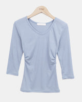 Nilon V-Neck Side-Shirring 7-Sleeve T-Shirt