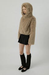 COMELY soft fur crop hoodie jacket [beige]