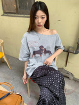 UI ドッグオフショルダーオーバーサイズフィットスリーブTシャツ