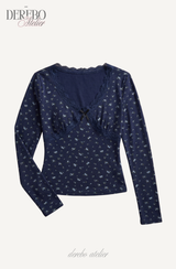 Blue Floral Deep V Long Sleeve T-shirt