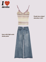 Purple Lace Stripe Sleeveless T-shirt 2