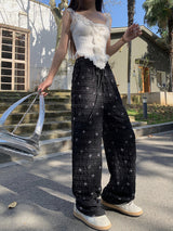 Lace ribbon banding wide pants