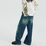 Cotton fountain pattern burnout contrast color washed straight jeans trousers