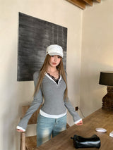 Lace Layered Long Sleeve V-Neck T-Shirt
