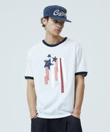 フラッグアップリケリンガーTシャツ
