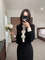 Quiet Bow Ribbon Trim Contrast Knit Long Sleeve Top