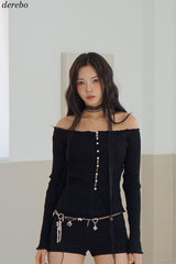 Pearl Burton Shirring V-neck Long Sleeve T-shirt