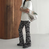 Quilted jacquard rose flower banding bootcut leggings pants