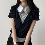 Erkin Spandex V-neck Color Layered Button Cardigan Short Sleeve T-shirt