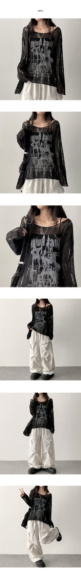 Roven ダメージシースルーメッシュニットロングスリーブTシャツ