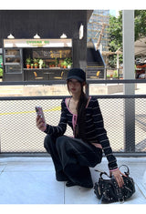 Pink strap striped striped long-sleeved t-shirt