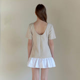 BOAT NECK FRILL DRESS / BEIGE