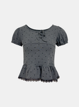グリッドドットリボンフリルTシャツ