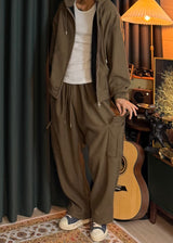 Unisex Couple Golden Hooded Sweatshirt and Cargo Drawstring Pants Set