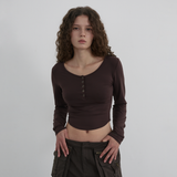 Nylon Buttoned Crop T-shirt [Fabric by ITALY] - BROWN