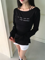 Cumen lettering lip neck slim long sleeve t-shirt
