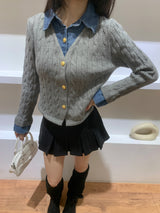 Perry Denim-Layer Cable Knit Long Sleeve Cardigan