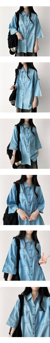 Icle Stitch Denim Boxy Fit Short-Sleeved Shirt