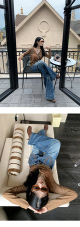 Pocket Embroidery Straight Long Denim Pants