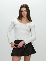 FRILL OFF SHOULDER T-SHIRT / WHITE