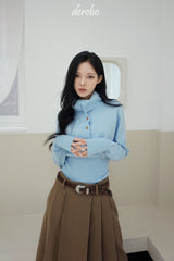 Sky blue high-neck button long-sleeved knitwear