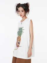 Fruit print casual loose round neck sleeveless vest.