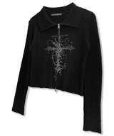 Cross Printed Ribbed Kint Zip-Up_Black