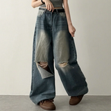 Andy Knee Damage Cutting Deep Washed Denim Wide Pants