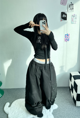 スカーフポイントシャーリングセミクロップレタリングロングスリーブ T🖤💙🤍🤎 - 4 カラーズ