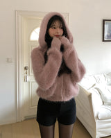 Winter Angora Knit Hooded Cardigan